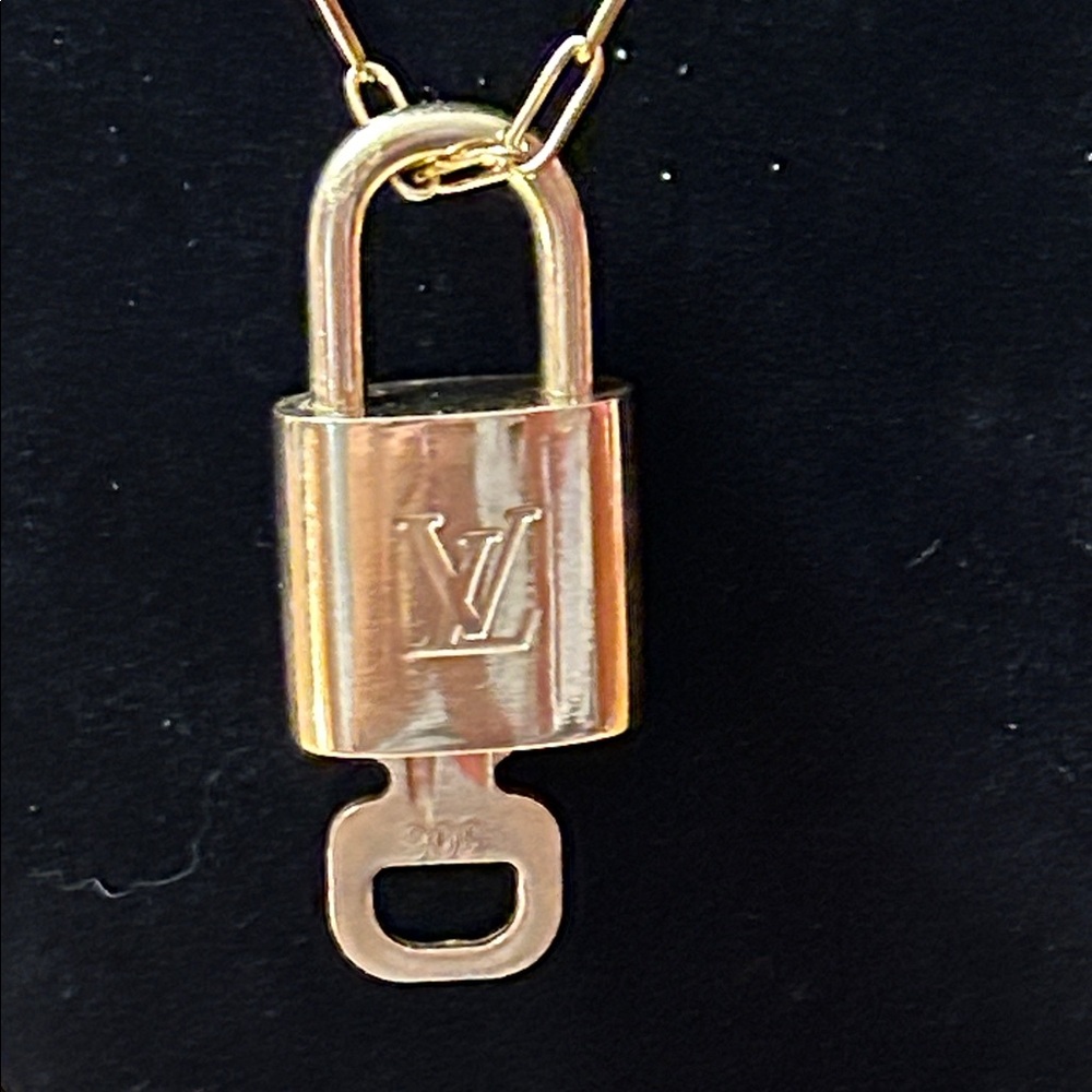 Louis Vuitton #306 Gold-tone LV Padlock Pendant Necklace on 20” Paperclip Chain